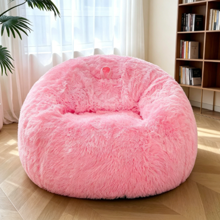 5ft Fluffy Faux Fur Bean Bag Lounger – Pink Lazy Sofa with Toy Storage & Anti-Slip Base